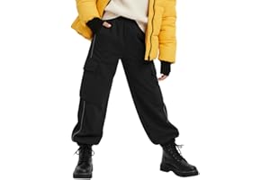 Girls Fleece-Lined Cargo Pants – Kids Windproof Reflective Strips Outdoor Pants with Drawstring & Pockets