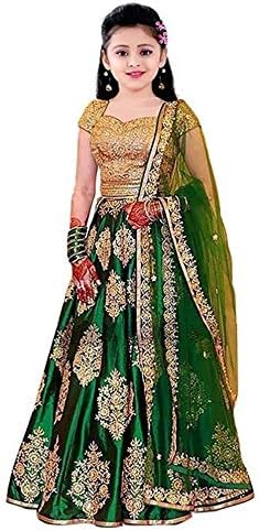 rayasaGirl's Satin Semi stitched Lehenga Choli (RF_K_Green_Butto01_Green_11-12 Years)