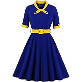 IWEMEK Women Half Sleeve Sailor Tie Neck 1940 Vintage Dress 50s Audrey Hepburn Rockabilly Cocktail Swing Dress 1950s Tea Party Dress with Belt Knee Wedding Prom A Line Evening Gown Sapphire Blue XXL