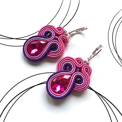 Hot pink purple soutache earrings, hippie style earrings, small size casual earrings with glass crystals