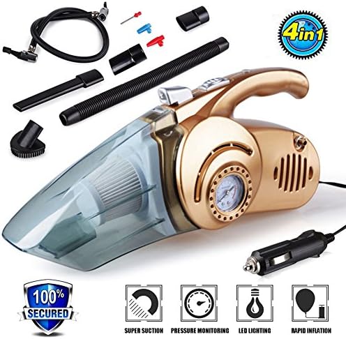 Car Vacuum Cleaner,4 in 1 High Power Portable Mini Car Vacuum DC 12V 120W 4000 Pa Wet/Dry Car Vacuum Cleaner,With Tire Inflator,Tire Pressure Gauge ,Floodlight - Upgraded(Gold)