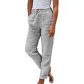 BTCOW Womens Linen Pants Straight Leg Casual Drawstring Lightweight Trousers with Pockets