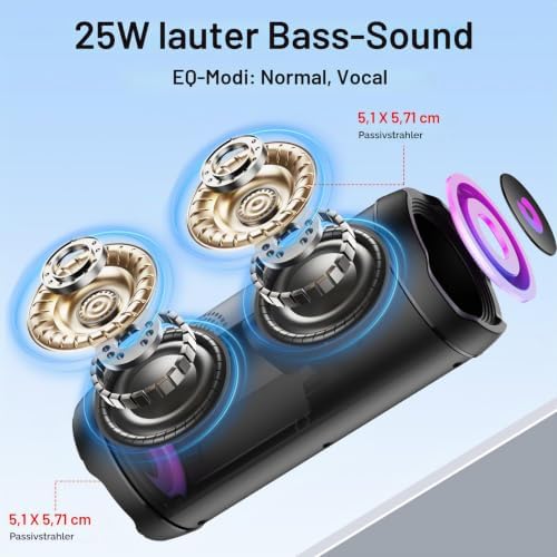 Bluetooth Lautsprecher mit Licht, Bluetooth 5.4 Musikbox,25W Dual Lautsprecher, LED Anzeige & 25 Std Akku,Dualen Bass-Treibern, IPX7 wasserdicht,TWS Paarung, AUX,TF Karte,Geeignet Outdoor/Party