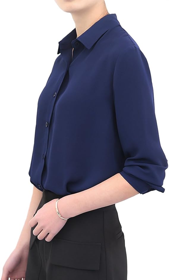 Amazon Lusir ルシール レディース シンプル シャツ ブラウス ビジネス オフィス フォーマル スーツ 長袖 無地 Yシャツ ネイビー M シャツ ブラウス 通販