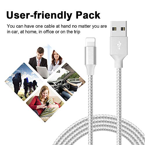 Phone Cable 5Pack 3FT 3FT 6FT 6FT 10FT to USB Syncing Data and Nylon Braided Cord Charger Charging Cable Compatible Phone XS MAX, XR, X, 8, 7, 7 Plus, 6, 6s, 6 Plus, 5, 5c, 5s, SE -Silvergray