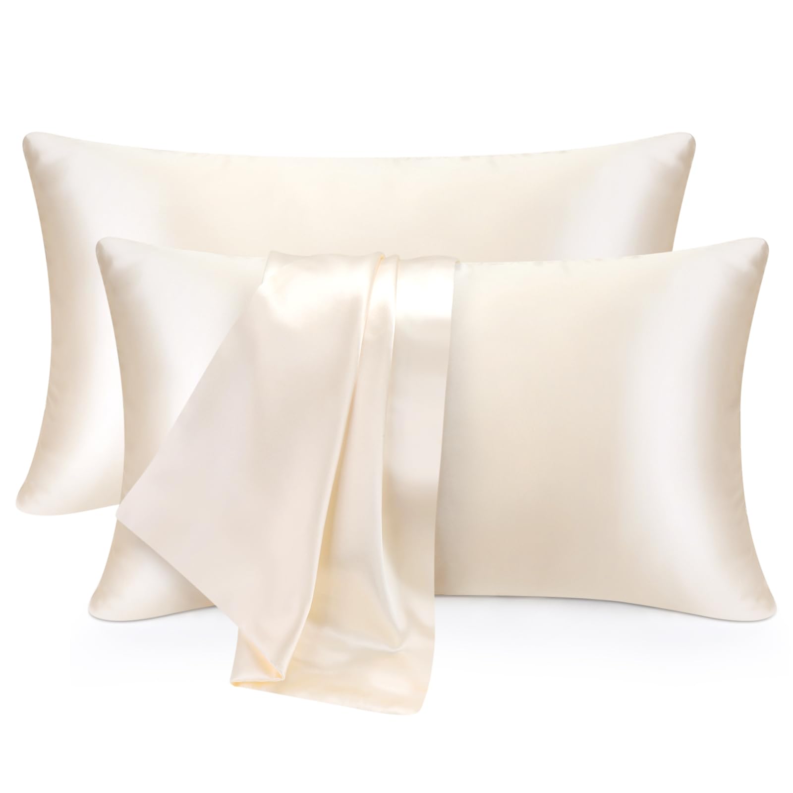 Photo 1 of 2 Pack Satin Pillow Cases, Similar to Silk Pillowcases Standard Set of 2, Health, Smooth, Beauty Sleep, Soft Breathable Cooling Satin Pillow Covers for Women Men (Beige)