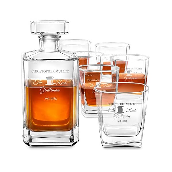 Maverton Whiskey Karaffe + 2/4 / 6er Whiskygläser Set - mit Gravur - Whisky Dekanter - 700ml - Geschenk zum Geburtstag für Männer - The Real Gentleman