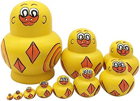 Set of 10 Cute Adorable Yellow Duck Animal Theme Handmade Wooden Russian Nesting Dolls Matryoshka Dolls for Kids Toy Birthday Christmas Gift Home Decoration