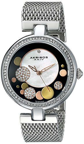 Akribos XXIV Women's AK881SSB Round White Mother of Pearl, Black, Silver, and Gold Dial Three Hand Quartz Bracelet Watch