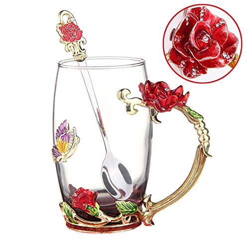 Tea Cup Coffee Mug Cups, Clear Glass Coffee Cups Tea Mugs with Spoon Set Handmade Enamel Butterfly Rose Flower,13 oz (Red Rose) Ideal for Friend Wedding Anniversary Birthday Presents - Thumbnail 5