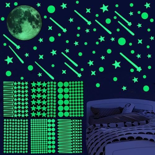 RuiChy Glow in the Dark Wall Stickers for Ceiling, 691pcs Realistic Luminous Adhesive Stickers Multi-Size Glowing Stars Dots Moon Meteors Wall Decals for Bedroom Nursery Playroom Decoration