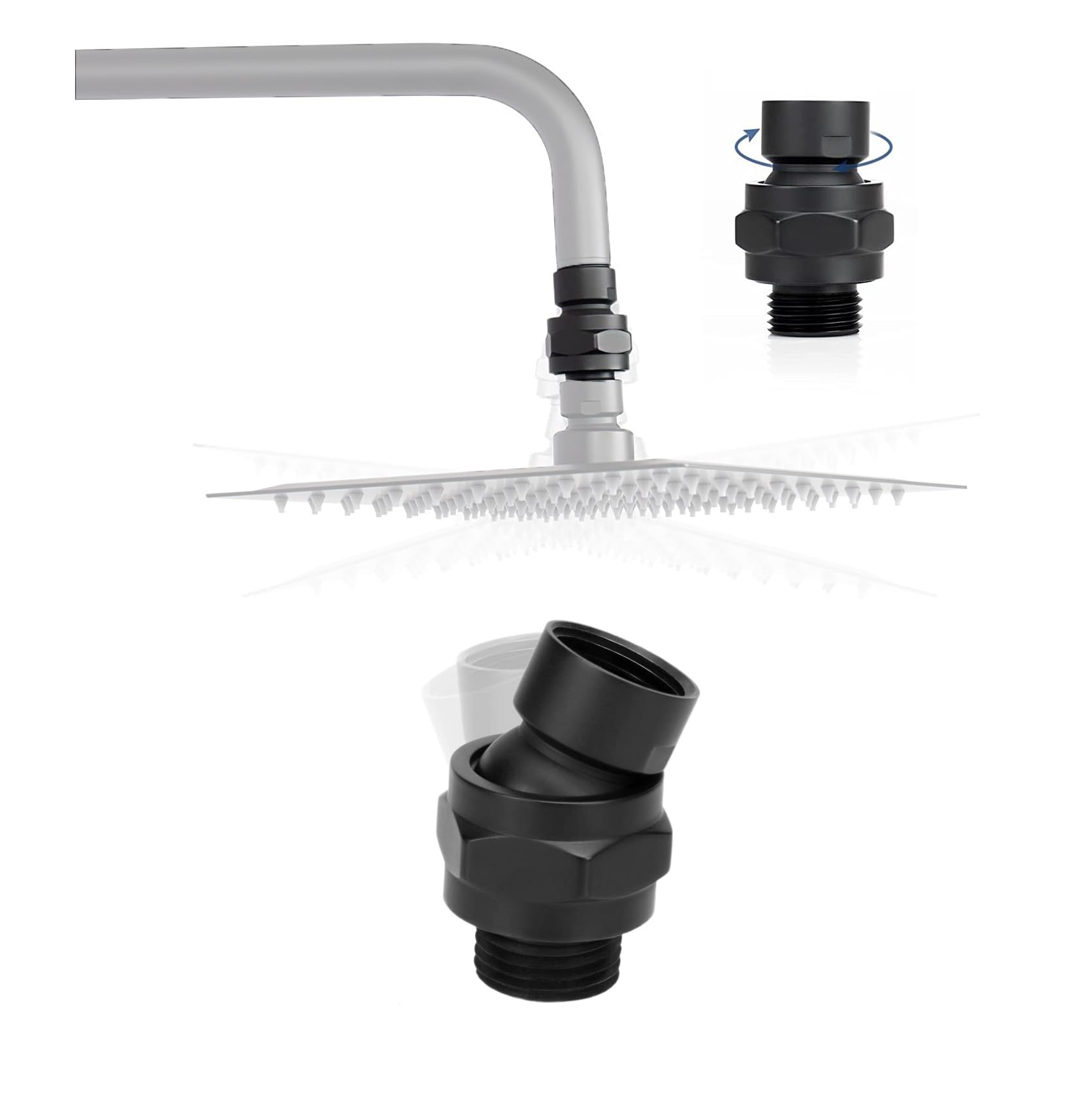 ieron Showerhead Extension 360° Swivel Ball Turn Adapter Head Connector for G 1/2 Universal Replacement Shower Arm & Shower Head - Black