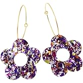 Pingyongchang Cute Flower Glitter Acrylic Hoop Earrings for Women Shiny Star Sequins Daisy Lightweight Earrings 4th of July Holiday Jewelry