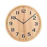 KAMEISHI Wall Clock, 11-Inch Silent Wood Wall Clocks Battery Operated Non-Ticking Quartz Easy to Read Large Numbers Round for Office Bedroom Living Room Kitchen Indoor Decorative KSZ185 Natural color