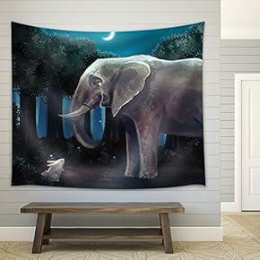 Illustration - Cartoon Illustration of White Rabbit Bunny is Talking with a Sad Elephant in The Forest Night Scene - Fabric Wall Tapestry Home Decor - 51x60 inches