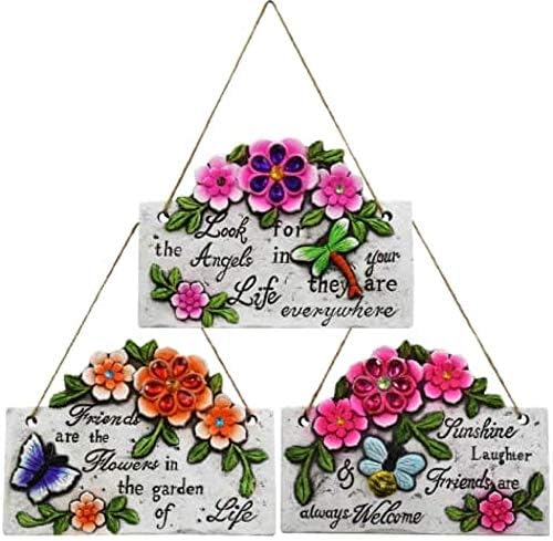 Garden Collection Spring Cement Hanging Plaque with Inspirational Sayings and Sparkly Gemstones Set of 3
