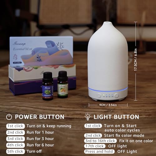 Gooamp 200ML Ceramic Essential Oil Diffuser - Ultrasonic Aromatherapy & Humidifier with 7-Color LED Lights, Auto Shut-Off, White, 1H/3H/6H Timer | Scent for Home, Office, Yoga