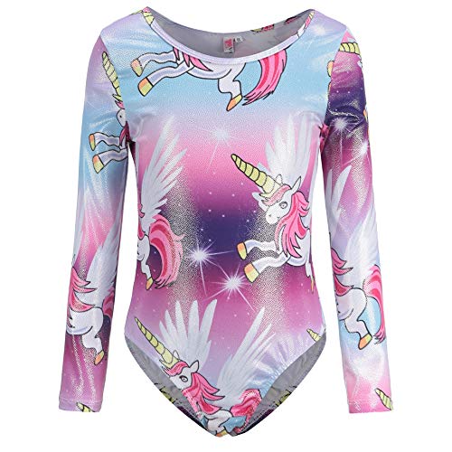 Leotardos para niñas de gimnasia de manga larga con dibujos animados de unicornio arcoíris de una pieza para niños leotardo atlético