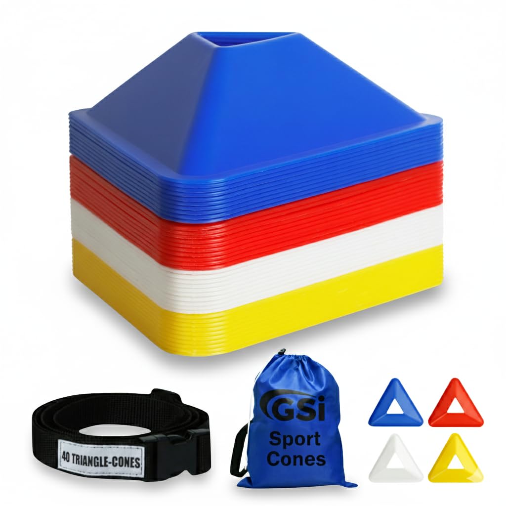 GSi Triangle Soccer Cones for Training - 40 Soccer Drill Cones in 4 Colors, Strap & Bag Included, Training Cones for Drills & Boundary Marking, Cones for Sports Training, Sports Cones for Kids