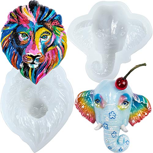 Lion and Elephant Face Epoxy Resin Silicone Molds for Spirit Animal Totem, Jungle Safari Fondant Cake Decoration, Africa Cabochon, Concrete, Cement, Jewelry Making 2-Bundle Large 4inch