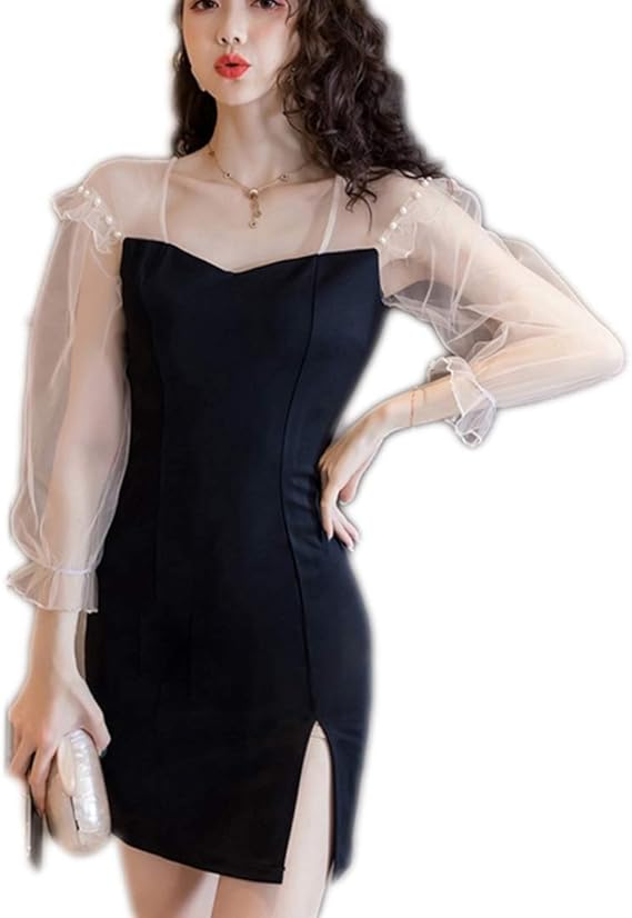 Amazon ワンピース レース 長袖 お嬢様 二次会 結婚式 デート パーティー 膝丈 ひざ丈 シースルー きれいめ かわいい セクシー おしゃれ ワンピース レース レース 大きいサイズ 透け感 入学式 春 ワンピース チュニック 通販