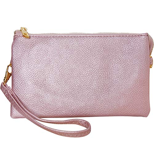 Humble Chic Vegan Leather Small Crossbody Bag or Wristlet Clutch Purse, Includes Adjustable Shoulder and Wrist Straps, Rose Gold, Metallic Pink - Thumbnail 3