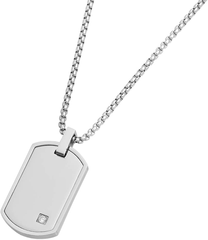 Geoffrey Beene Men's Stainless Steel Engraveable Dog Tag Pendant Box Chain Necklace with Cubic Zirconia Stone (Silver) | 