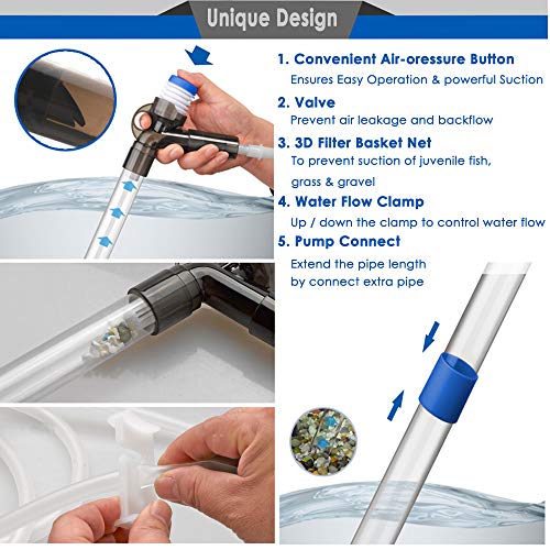 Gravel Vacuum Cleaner for Aquarium, Fish Tank Cleaner with Water Flow Controller, Extendable Pipe and 72” Long Siphon Hose, Perfect for Quick Water Changing and Sand Cleaning - BPA Free (30+40) - Thumbnail 3