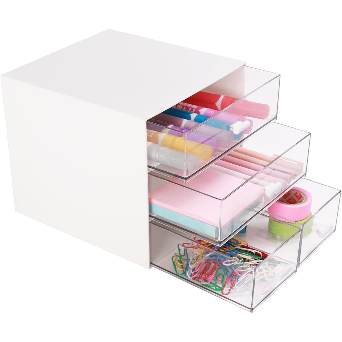 Umtiti Desk Storage, Makeup Storage Box With 4 Drawers, Plastic Office Stationery Supplies Organizers, Desktop Organizer for Office School Home And Bathroom (White，UK) — image 1