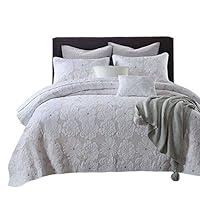 PERYOUN 3-Piece Comforter Set, Flower Embroidery Quilt Set, Bedspread Set, White (Queen)