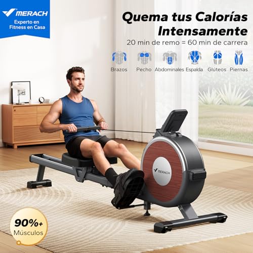 MERACH Máquina de Remo, remadora con Resistencia magnética, 16 Niveles de Ajuste de Resistencia, Remo con Resistencia silenciosa, Doble guía, Capacidad máxima de 158KG, Enlace de aplicación