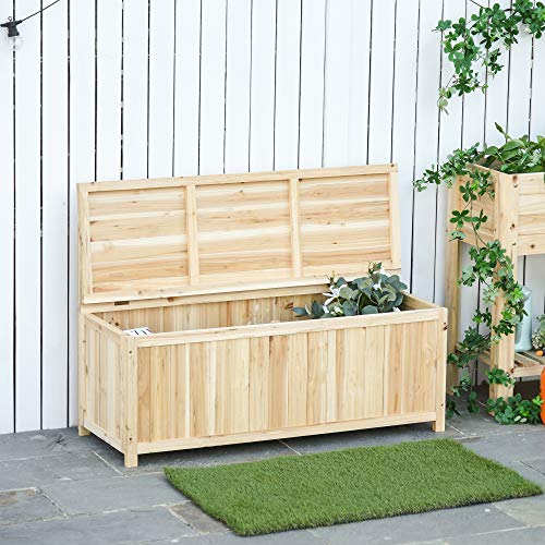 Outsunny Gartenbank mit Stauraum Truhenbank Sitzbank 2-Sitzer 250 kg Belastbarkeit Natur Tanneholz 115 x 45 x 75 cm – Bild 3