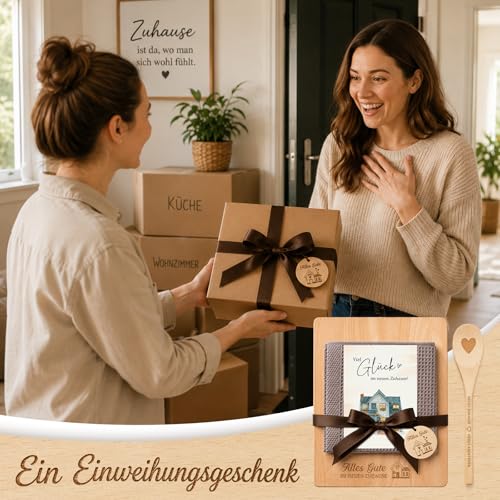 Giftota Housewarming Gifts - New Home Gift with Engraved Wooden Chopping Board, Cotton Kitchen Towel & Cooking Spoon Heart - House Warming, Home & Topping Out Party Gift
