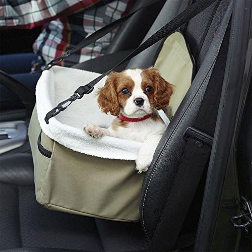 Hkim Pet Carseat Booster with Safety Leash Zipper Storage Pocket Front Seat Crate Cover Protector Removable Travel Dog Puppy Cat Car Seat Fits Under 12 Pounds (Dark Green)