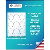Premium Label Supply Glossy Clear Sticker Round Labels – 2.5" Circle – Laser/Inkjet Compatible – (9 per Sheet), 10 Sheets – 90 Total Adhesive Labels