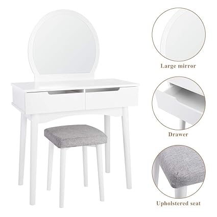 Songmics Dressing Table Set Sunflower With Round Mirror 2 Large Sliding Drawers Makeup Dressing Table With Cushioned Stool White Rdt11w Dressing Tables