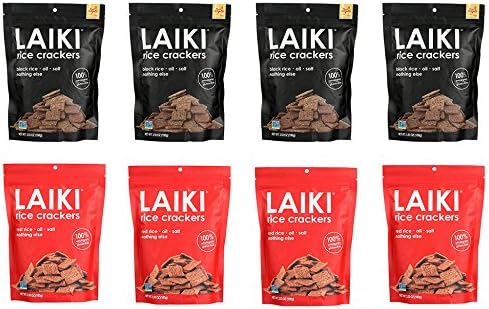 Laiki Rice Crackers – 3.53 oz - Pack of 8 - Two Flavor Variety Pack - 4 Red Laiki Rice Crackers – 4 Black Laiki Rice Crackers