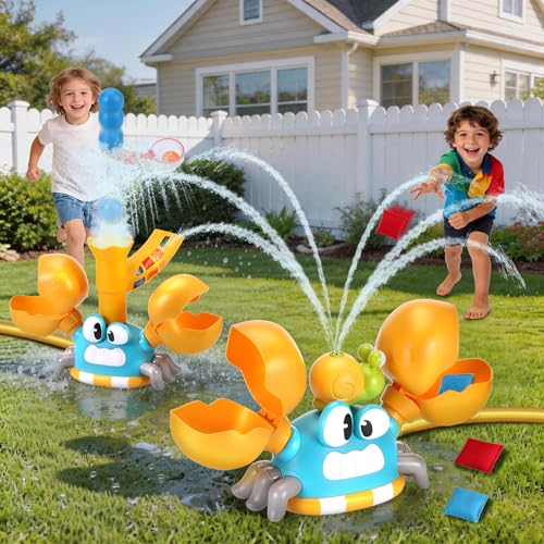 3-en-1 Juegos de Agua para Niños Exterior, Juguete de Aspersores Forma de Cangrejo con Juego de Lanzar Tela y Atrapar Pelota, Juguetes Verano para 3 4 5 6 7 8 9Años, Regalo Creativo para Niños y Niñas