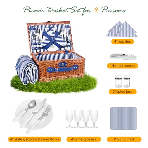 4 Person Picnic Basket, Wicker Picnic Set with Waterproof Picnic Blanket and Cutlery Set, Picnic Basket for Camping, Blue