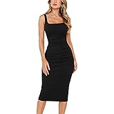 OWIN Women's Summer Sexy Square Neck Sleeveless Ruched Sheath Bodycon Midi Cocktail Party Work Dress