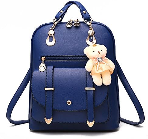 Dark Blue Backpack Bag Women Female Belt Decoration Closer Zipper With Bear PU Leather Blackpacks