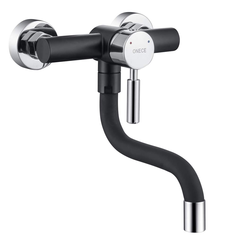 ONECE Wall Tap Kitchen with 360° Rotatable Hanging Spout, Wall Mounted Kitchen Tap with Removable Bubbler, Wall Tap Kitchen Single Lever Mixer, Anti-scald Silicone Cover, Black