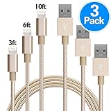 GANJOY iPhone Charger 3Pack 3FT/6FT/10FT(1M/2M/3M) Nylon Braided 8 pin Charging Cables USB Charger Cord, Compatible with iPhone 7/7 Plus/6s/6s Plus/6/6 Plus/5/5S/5C/iPad and iPod (Gold)