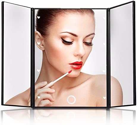 AveyLum Travel Makeup Mirror Lighted LED Mirror Portable &amp; Tri Foldable Cosmetic Vanity Mirror Touchable Compact Mirrors With 8 Heart Shape LEDs, Perfect Gift Birthday Present for Ladies Mother Girls