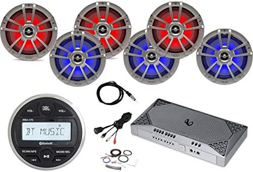 JBL PRV-175 Marine Bluetooth Digital Media Radio, 6X Infinity 8" Coaxial Waterproof Marine LED Speakers - Titanium, Infinity Compact Amp, Scosche Amp Kit, USB Interface, Marine Antenna - 40"