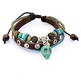 Unisex Multiple Strands Brown Leather Bracelet Blue Turquoise Skull Charm Zen Wristband for Men and Women