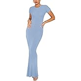 REORIA Women's Basic Summer Casual Lounge Long Dress Elegant Short Sleeve Crew Neck Bodycon Maxi Dresses
