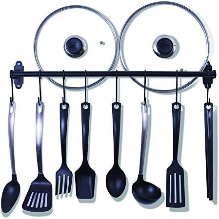 ZESPROKA 03A  Wall Mounted Kitchen Rail, Pot Pan Lid Rack, Utensil Organizer, with 10 Hooks, Black, 23.62-Inch-Long
