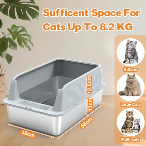 Vivifying Stainless Steel Cat Litter Tray, XL Stainless Steel Cat Litter Box Easy to Clean and Odour-Resistant with Scoop for Cats up to 8.2kg (Light Grey)