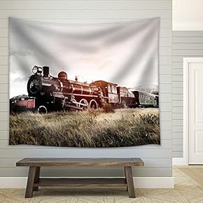 Steam Train in A Open Countryside Transportation Concept - Fabric Wall Tapestry Home Decor - 51x60 inches